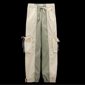 Zara Two-Tone Cargo Pants - Cream and Green